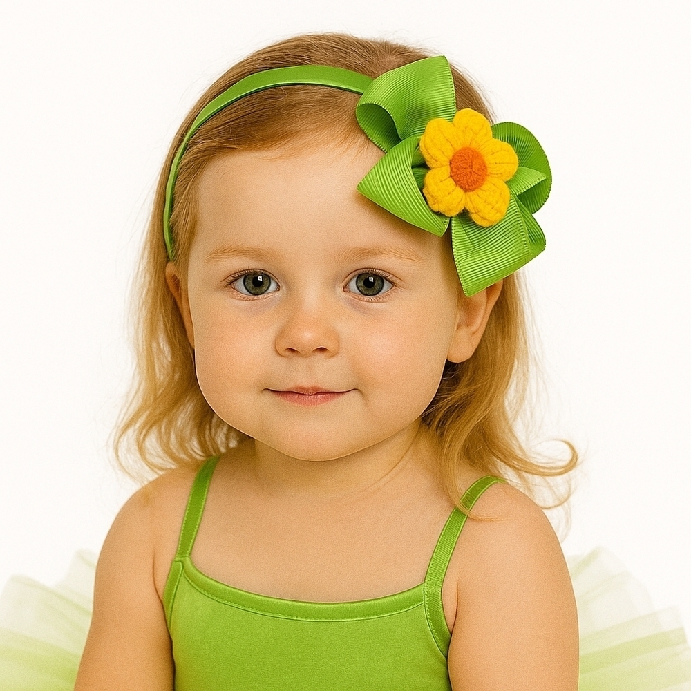 Hand Crafted Green Bow Hairband Yellow Hand Knit Crochet Puffy flower Coquette
